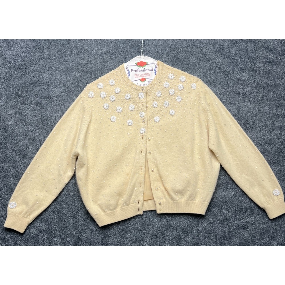 Vintage May Company Hand Cardigan Womens Small Yellow Wool Angora Blend Beaded